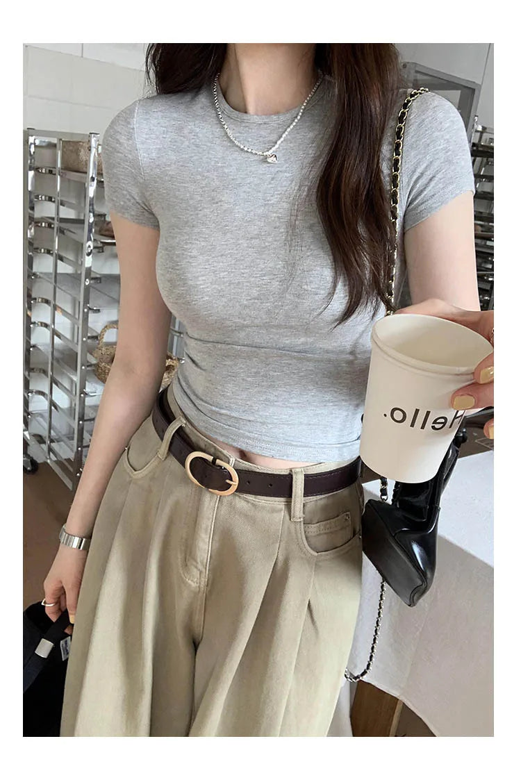 American style spicy girl shoulder T-shirt for women in summer 2025, tight fitting and slimming short top, basic elastic short s