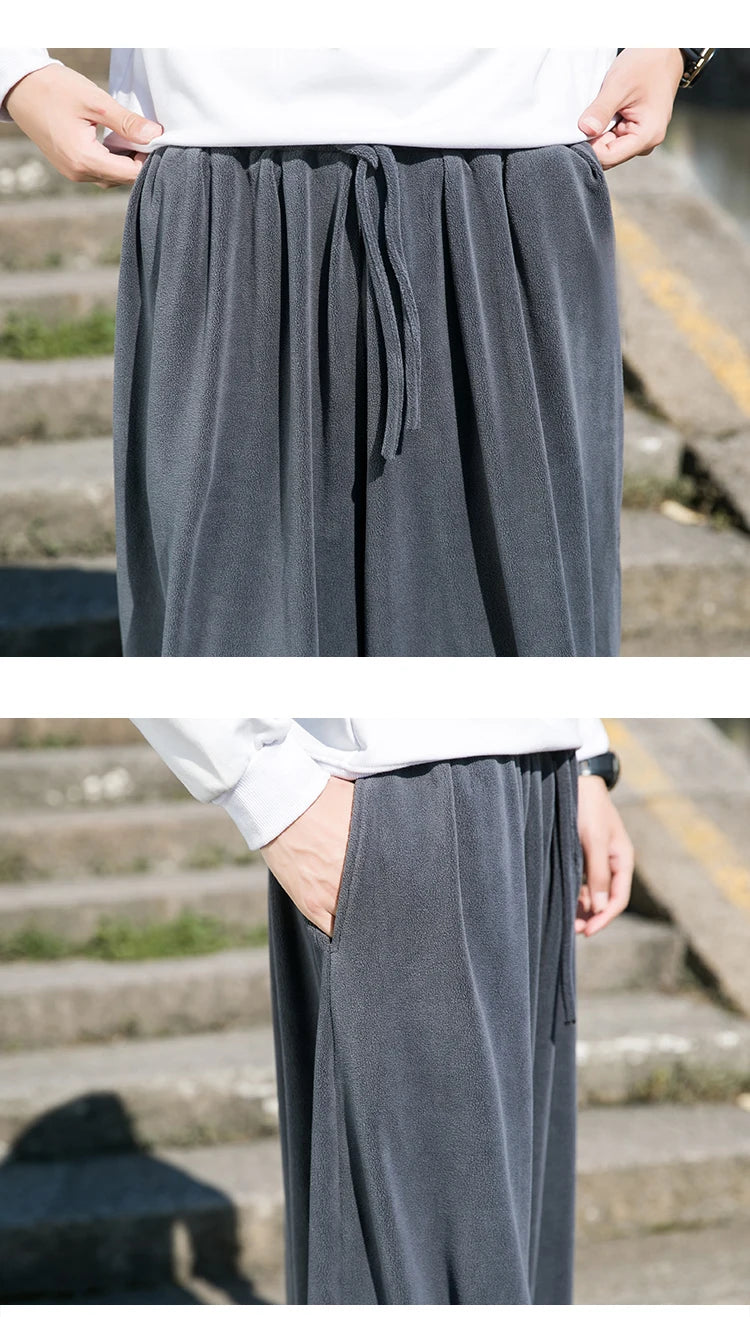2024 Autumn Winter Men Polar Fleece Pants Men Velvet Retro Harem Pants Male Solid Color Wide Leg Pants Harajuku Jogging Trousers