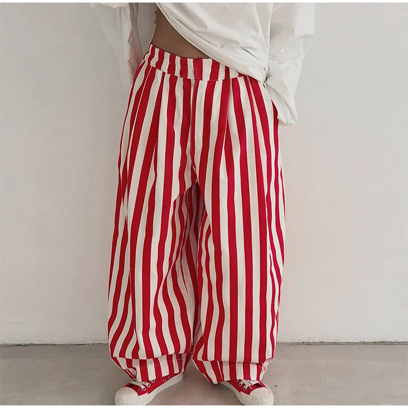 Red White Striped Balloon Pants Women's Elastic Waist Wide Leg Baggy Casual Trouser 2026 Summer New Streetwear Loose Fit Pants