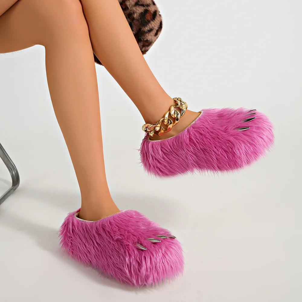 Ins Claw Slippers Adults Winter Flip Flops Warm Fur Slides Fluffy Fuzzy House Shoes Unisex Animal Claw Slippers