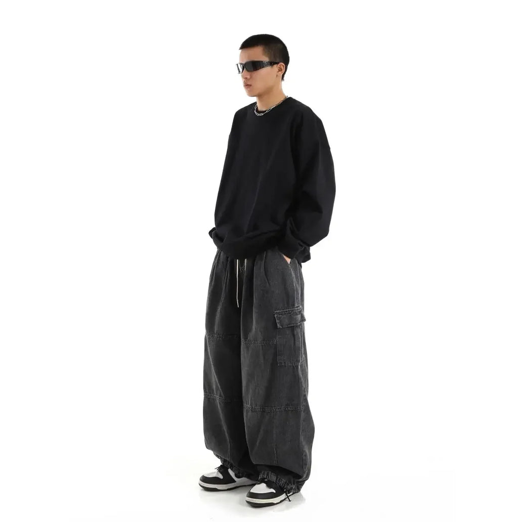 Y2k Black Baggy Cargo Jeans Trousers Men Streetwear Casual Hippie Jogging Wide Leg Oversize Long Male Denim Pants