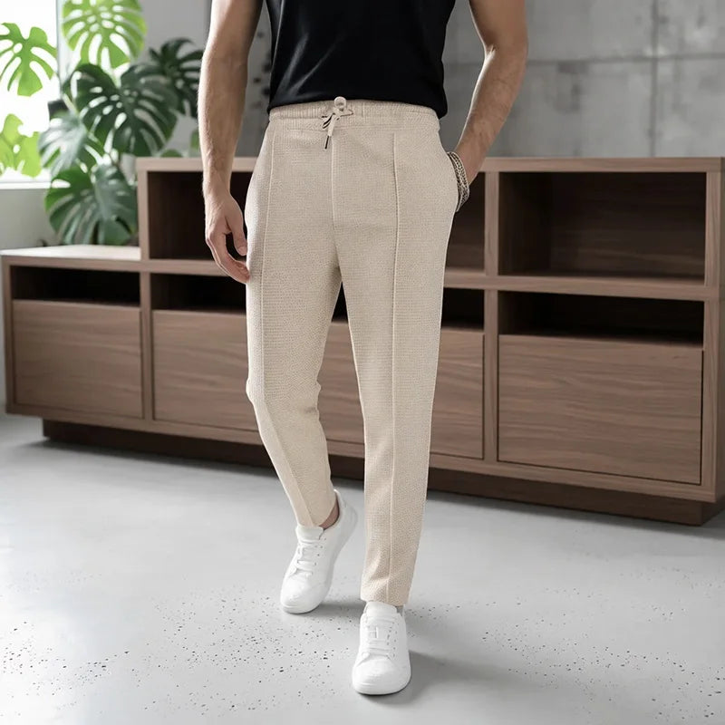 Men Waffle Knit Slim Fit Pants Drawstring Trousers With Pockets Stylish Design Spring Autumn Outdoor Travel Daily Street Wear