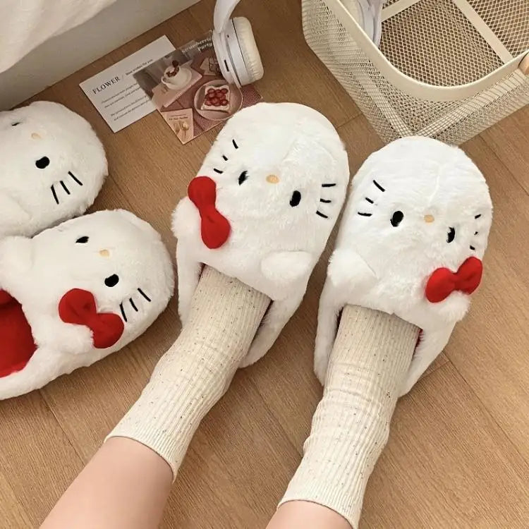 Cute Hello Kitty Anime Women Plush Slippers Sanrio Kawaii Cotton Shoes Student Winter Bedroom Soft Shoes Girls Festival Gifts