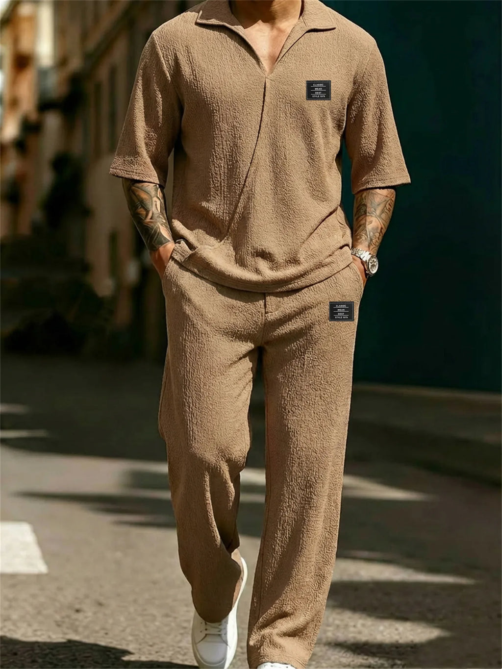 2026 New Style Men's Fashion Casual Shirt Set - High-Quality Solid Color V-Neck Short Sleeve Pants Two-Piece Set