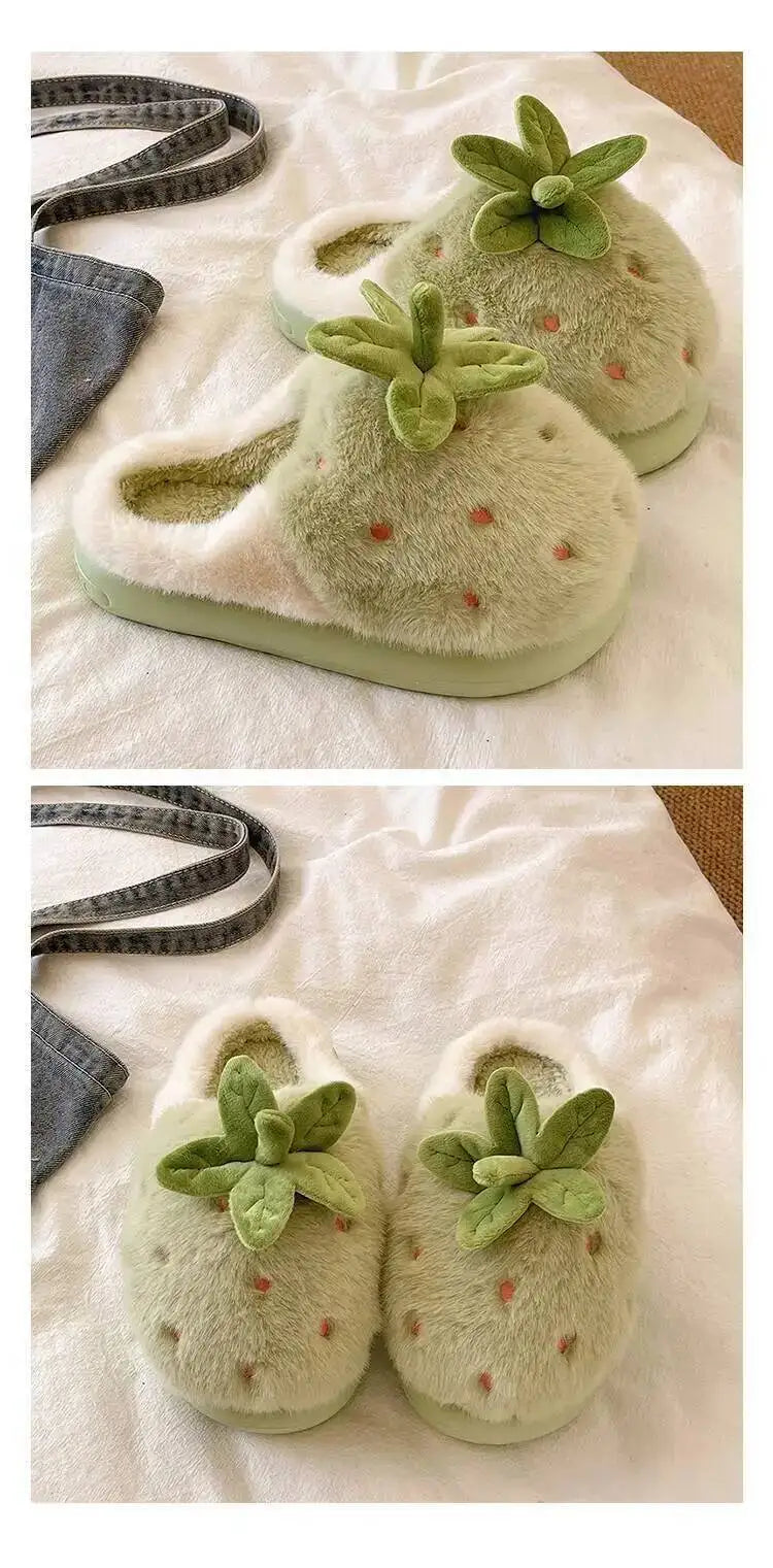 Winter Women's Furry Cotton Home Slippers Cute Strawberry Design Warm Thick Soled Anti Slip Indoor Household Outdoor Wearable