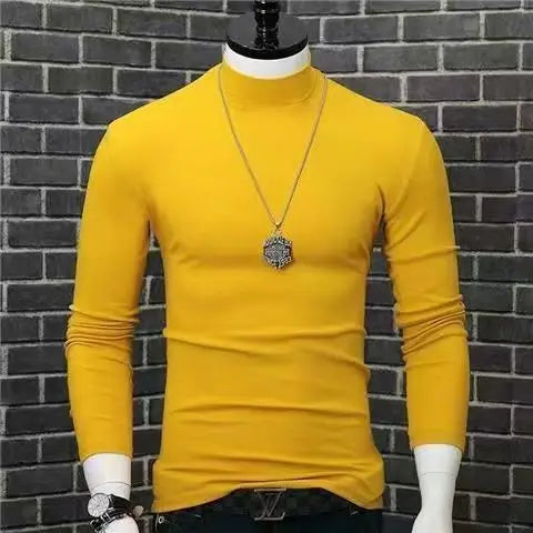 Korean Clothing Blouse Oversize Golf Wear Casual Full Cotton Men's Turtleneck Base Shirt Simple Solid Color Long Sleeve Tops Tee