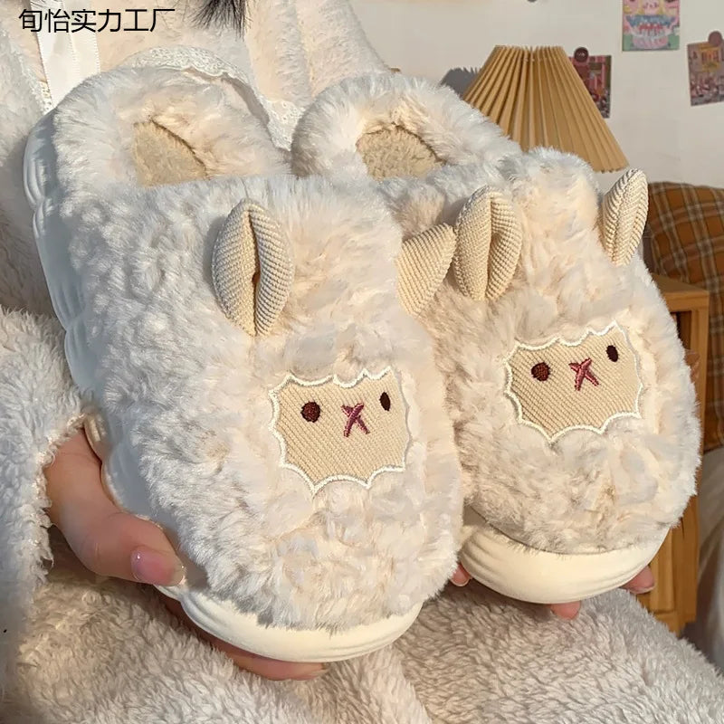 Home Fuzzy Slipper Women Sheep Fluffy Winter Warm Fur Plush Indoor Lazy Female Thermal Furry House Shoe Flat Flip Flop Ladies
