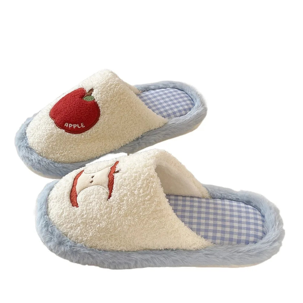 Fashion Grid Stripe Cute Plush Slippers Non-Slip Thick Sole Winter Slides Women Silent Casual Home Wear Shoes Women
