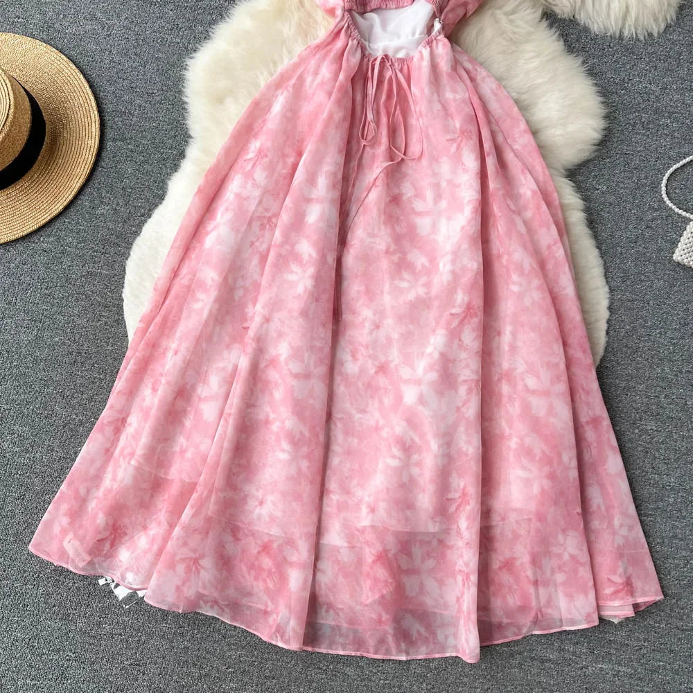 SINGREINY Women Floral Spaghetti Strap Dress Elastic Ruched Sexy Hollow Backless Party Dress Summer Boho Vacation Beach Sundress
