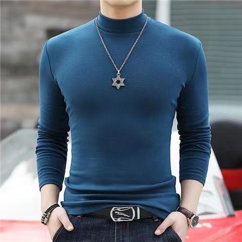 Korean Clothing Blouse Oversize Golf Wear Casual Full Cotton Men's Turtleneck Base Shirt Simple Solid Color Long Sleeve Tops Tee