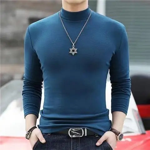Korean Clothing Blouse Oversize Golf Wear Casual Full Cotton Men's Turtleneck Base Shirt Simple Solid Color Long Sleeve Tops Tee