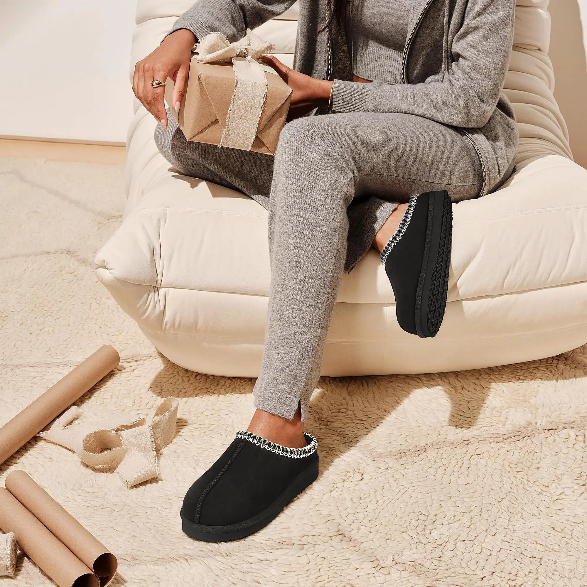 Crestar Women's Memory Foam Fuzzy Slippers New Genuine Suede Fluffy Slippers Women Men Cozy Warm House Shoes Indoor and Outdoor