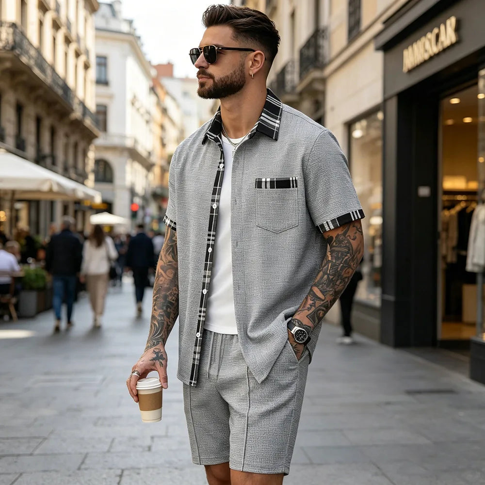 Summer New Waffle Set, Men's Plaid Spliced Short-Sleeve Shirt & Shorts, Casual Two-Piece Outfit F156D