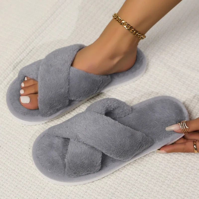 Popular Cross Furry Slippers Female Fluffy Slides Autumn Winter Outdoor Fashion Sexy EVA Light Flip Flops Sweat Soft Flat Shoes