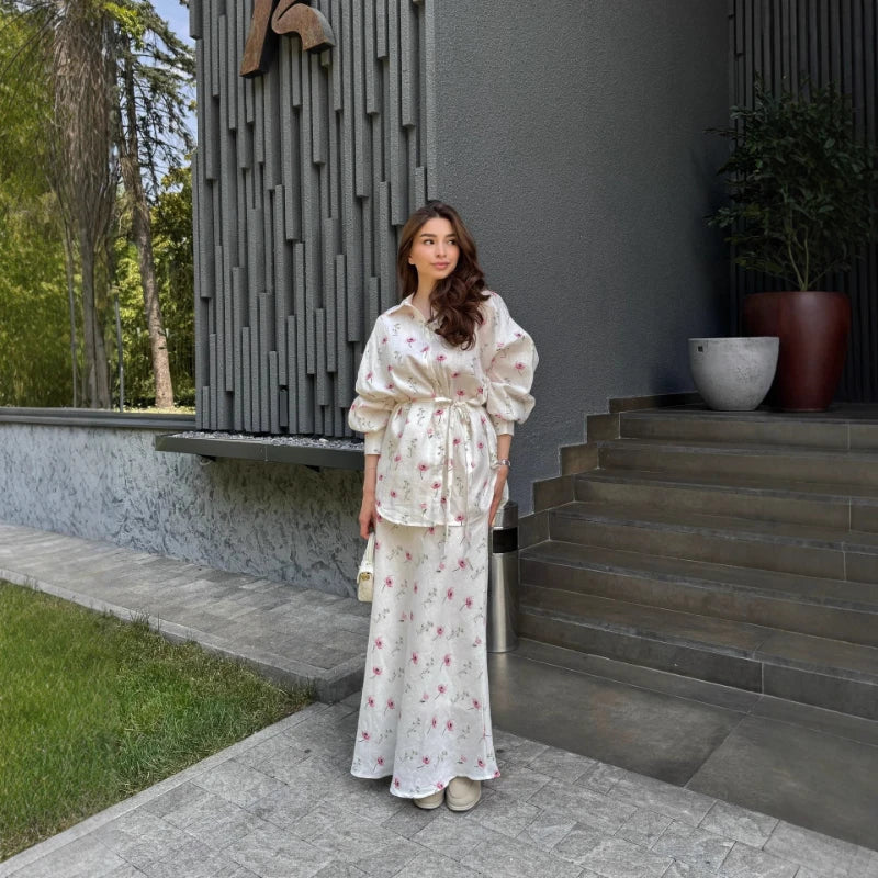 Women Two Piece Sets Skirt Set Floral Print Lantern Sleeve Turn Down Collar Shirt Long Skirts A Line Lace Up Y2k Elegant Work