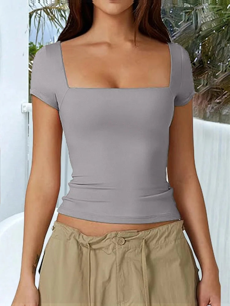 New Arrival Hot Seller 2024 Spring/Summer T-Shirt Women's Casual Square Neck Solid Color Slim-Fit Crop Top Short Sleeve