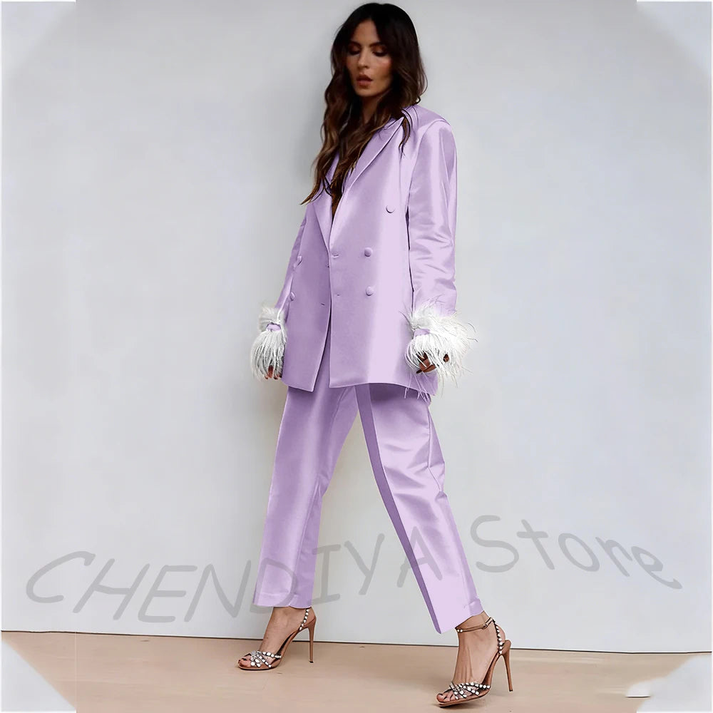 Luxury Feather Women's Suit Classic Design Double Breasted Ankle Length Elegant Outfit Two Pieces Formal Party Female Set
