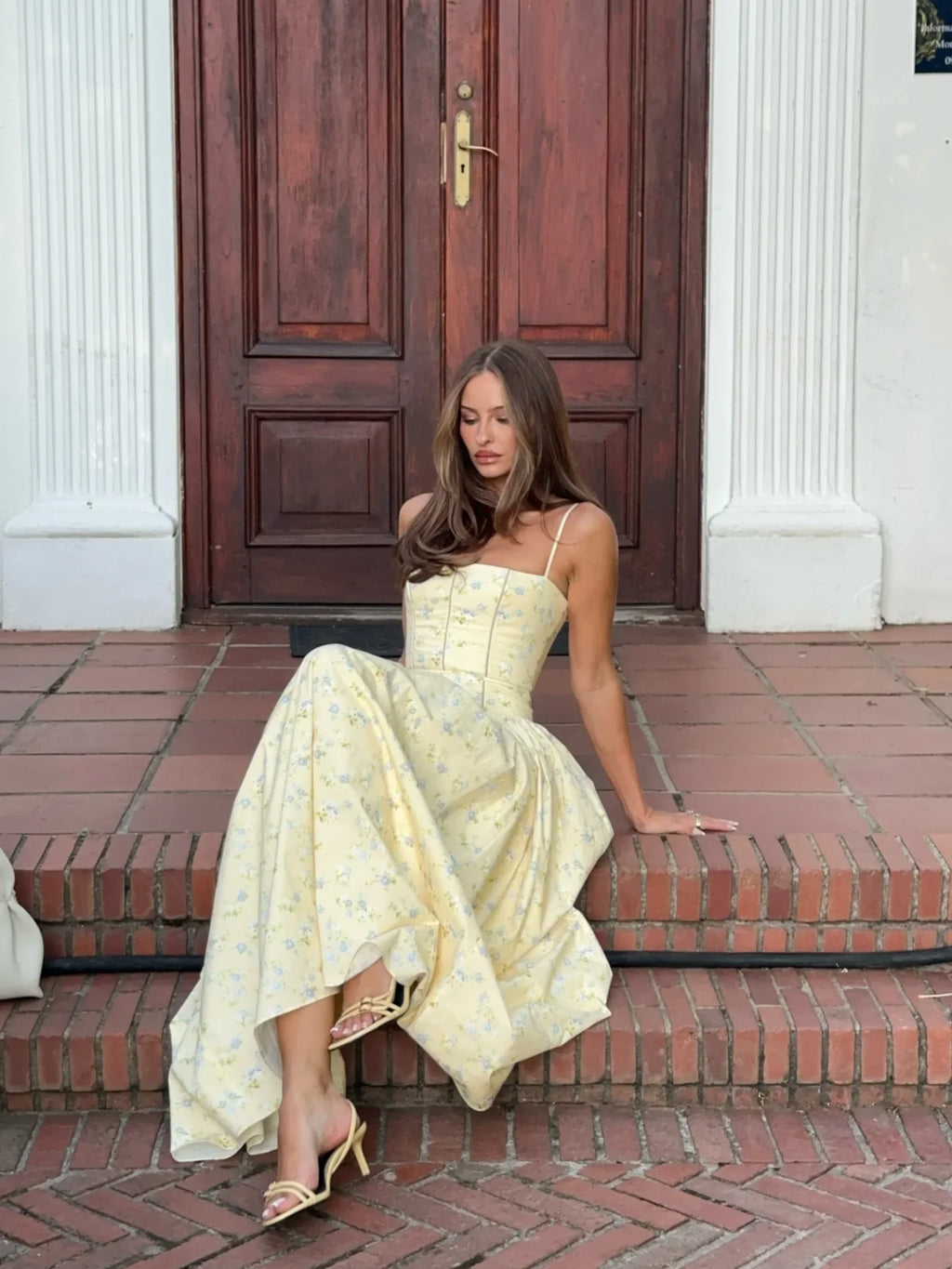 Oligai Summer Floral Print Spaghetti Strap Midi Dress Women Party Dress Elegant Vintage Holiday Beach Wear Dress