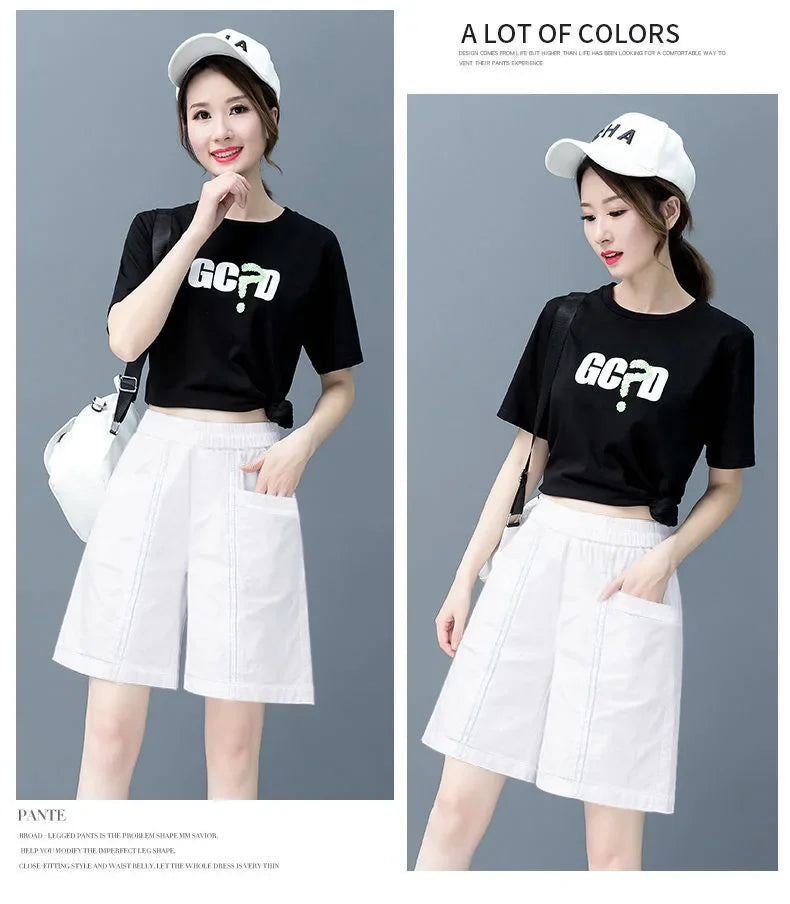 Summer Casual Loose High Waist Slimming Cotton Wide Leg Five-Quarter Length Women's Shorts Versatile Workwear Style Shorts