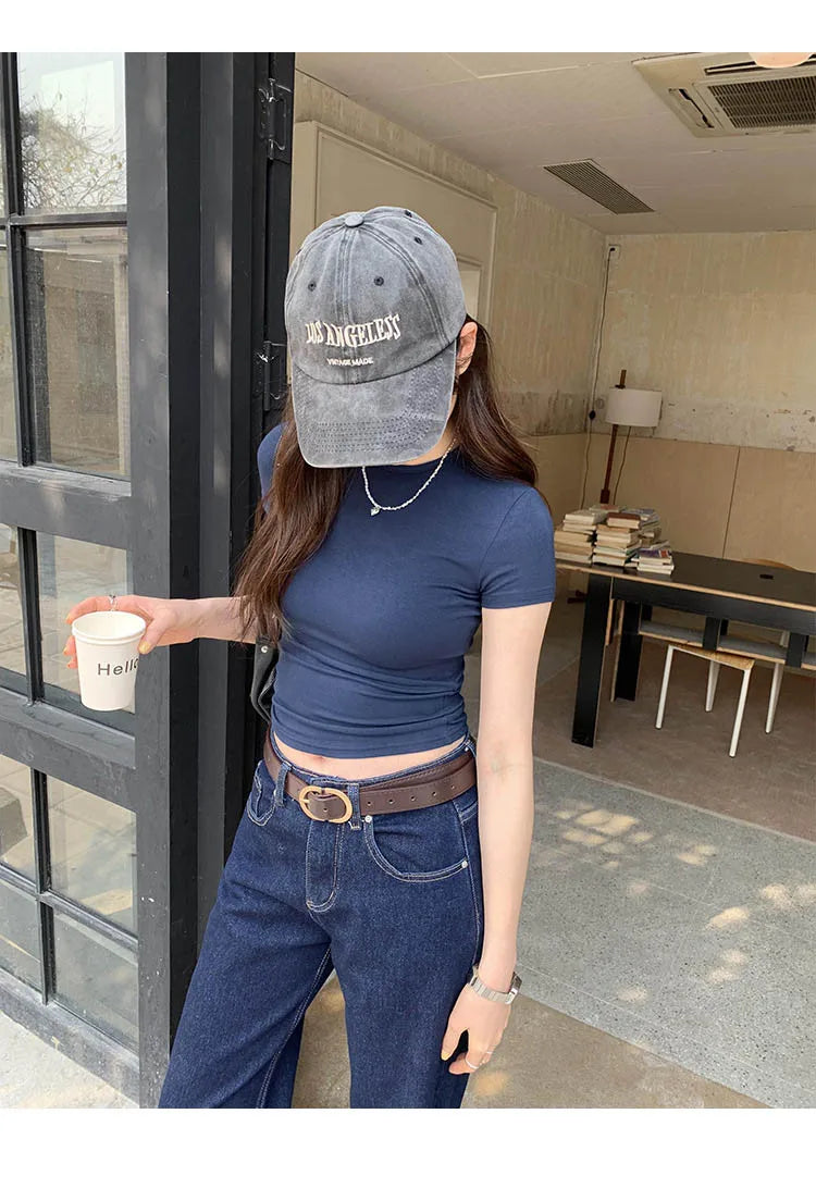 American style spicy girl shoulder T-shirt for women in summer 2025, tight fitting and slimming short top, basic elastic short s