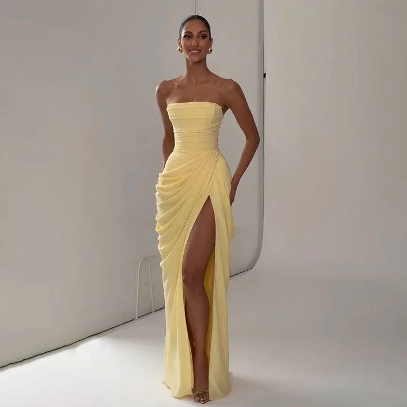 Women Sexy Solid Pleated Strapless Dress Lady Chic Off-shoulder Backless High Waist Split Dresses 2026 Summer Evening Party Gown