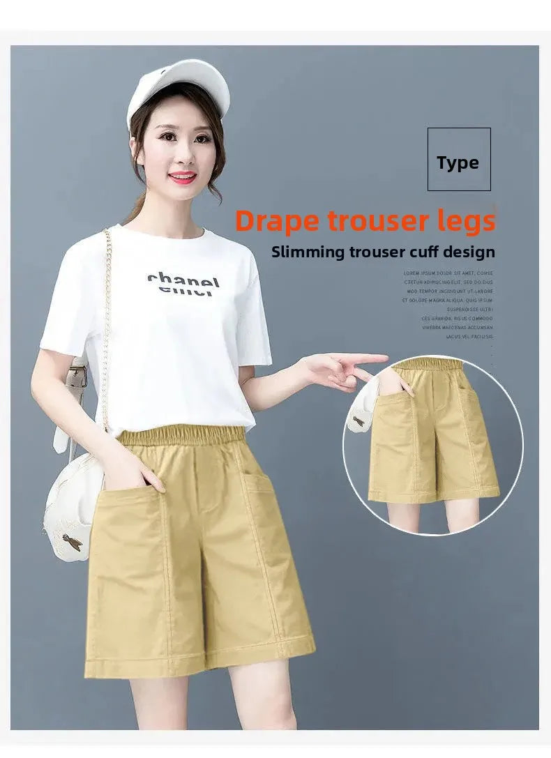 Summer Casual Loose High Waist Slimming Cotton Wide Leg Five-Quarter Length Women's Shorts Versatile Workwear Style Shorts