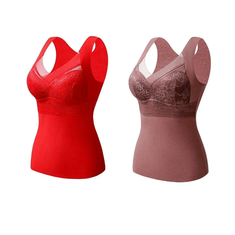 2pcs Woman Thermal Underwear Thermo Lingerie Winter Soft Warm Top Wear Thermo Vest  Undershirt Intimate Lace with Bra Padded