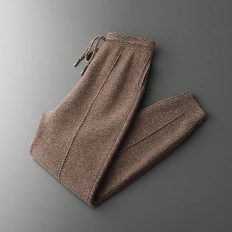 Autumn and Winter Thickened High Waisted 100% Merino Wool Men's Pants Small Leg Pants Casual Business Knitted Sweatpants Warm