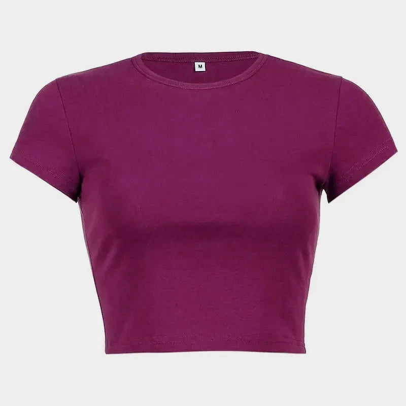 Summer Casual Short Sleeve Basic O Neck Solid Color Cropped Navel Women Crop Tops Soft Bodycon Fashion Tees Blouse
