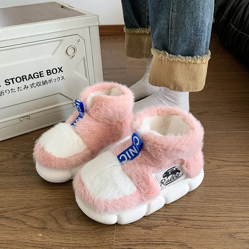 2025 Women's Winter Warm Shoes Plush Lining Indoor Slippers Couples Platform Heel High Top Snow Boots Female Male Home Slipper