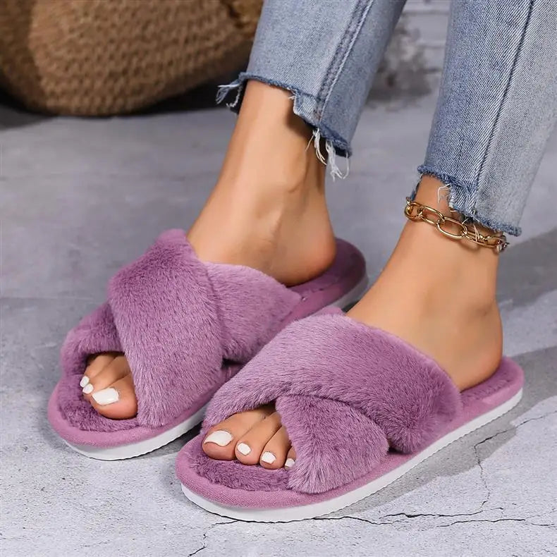 Women’s Cross Band Fur Slippers Indoor Furry Fuzzy Open Toe Shoes Home Cozy Warm Slides Double Straps Slipper Soft Sole Non Slip