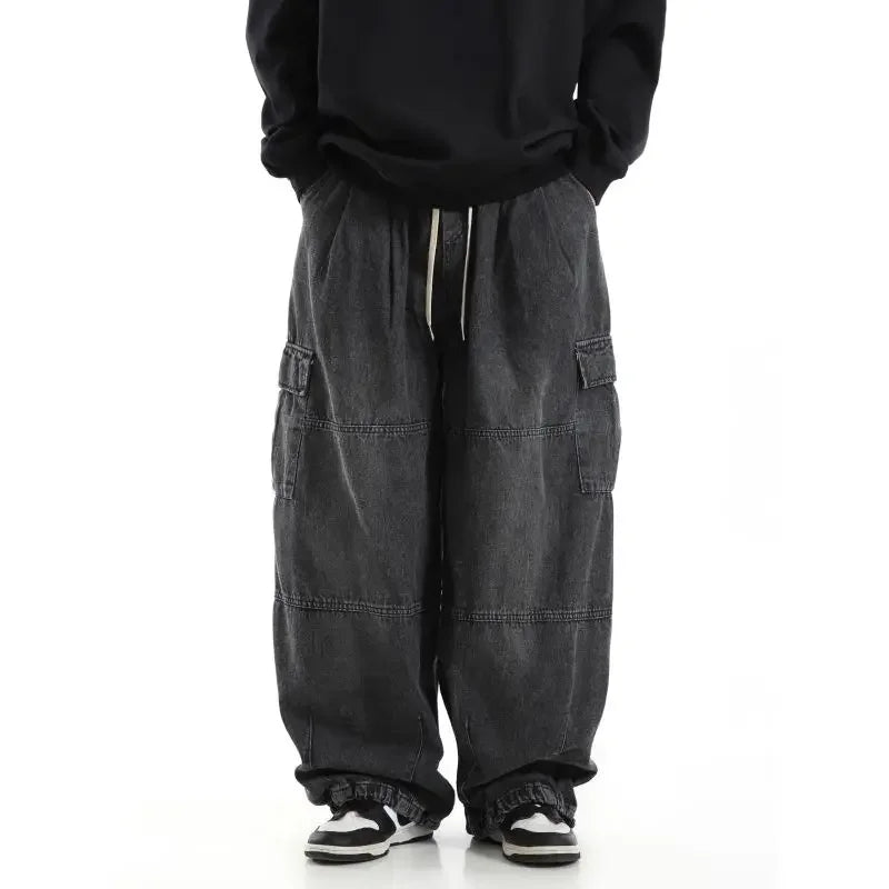 Y2k Black Baggy Cargo Jeans Trousers Men Streetwear Casual Hippie Jogging Wide Leg Oversize Long Male Denim Pants