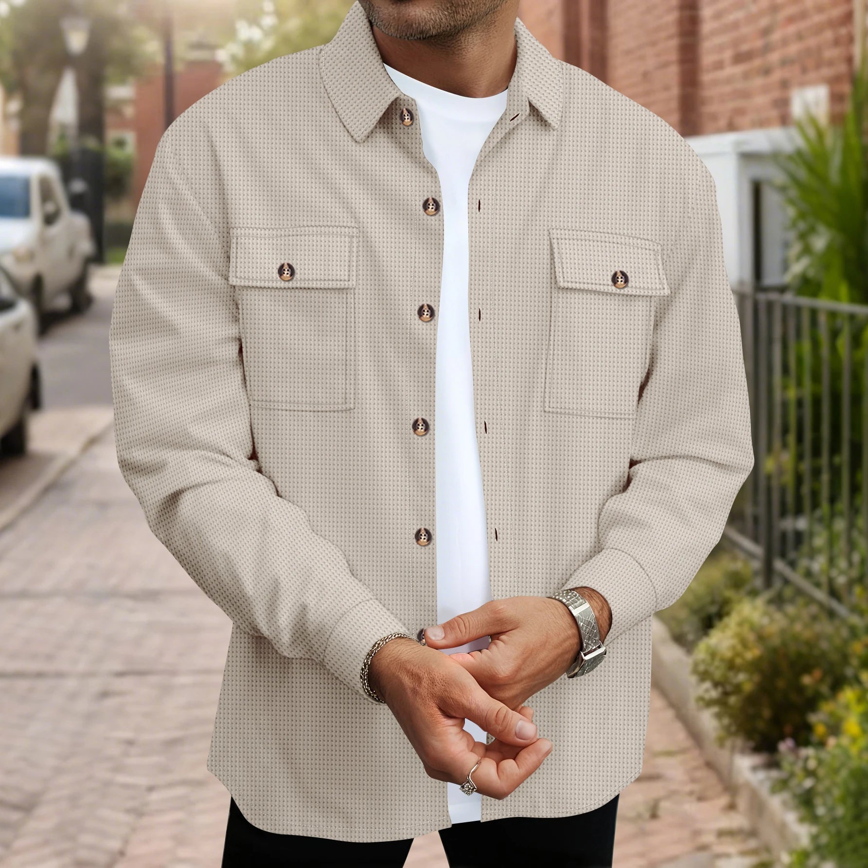 Men's Waffle Knit Button Down Shirt - Casual Long Sleeve Turn Down Collar Chest Pocket Work Shirt