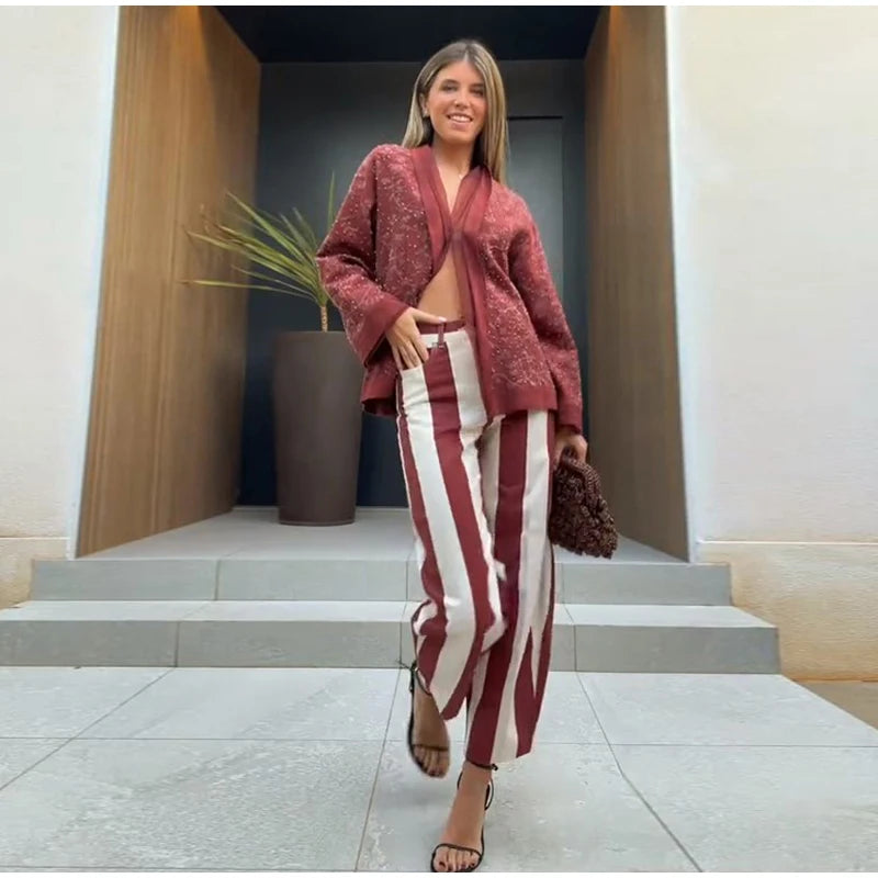 Red White Striped Balloon Pants Women's Elastic Waist Wide Leg Baggy Casual Trouser 2026 Summer New Streetwear Loose Fit Pants