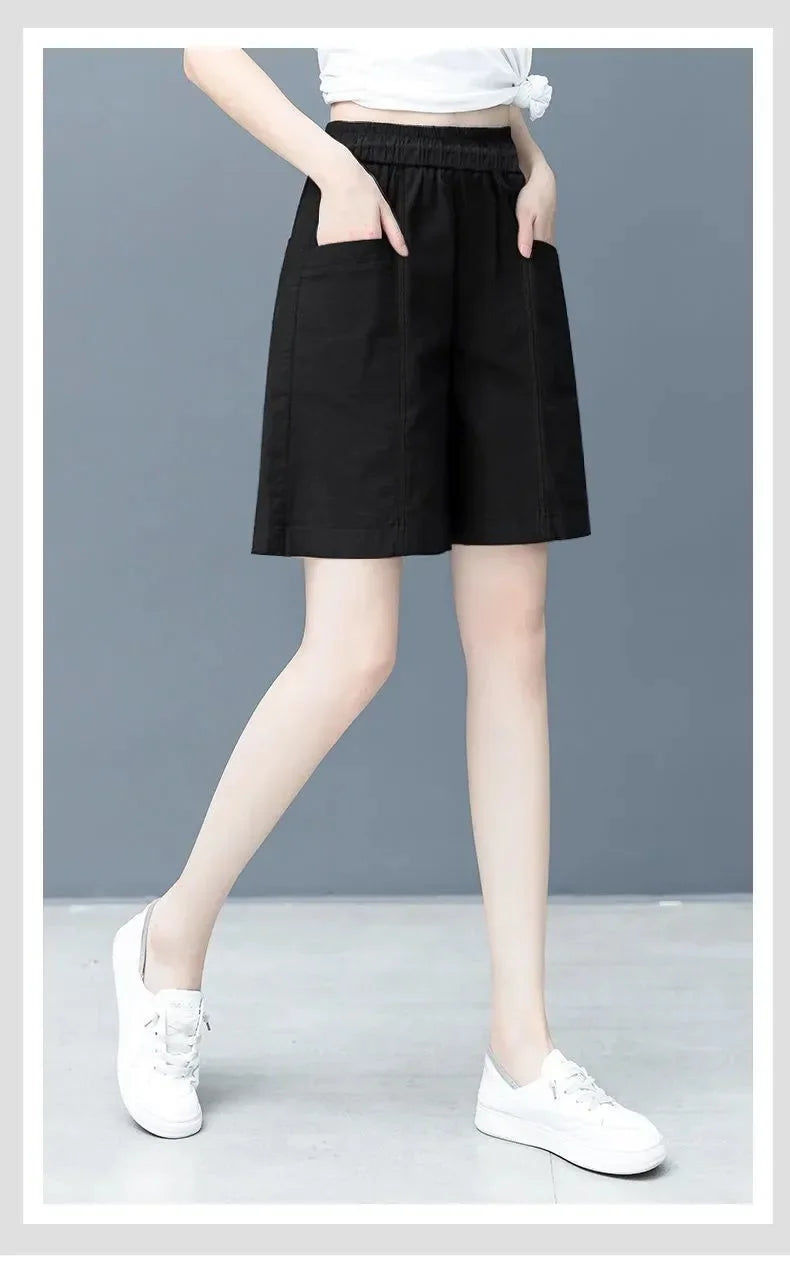 Summer Casual Loose High Waist Slimming Cotton Wide Leg Five-Quarter Length Women's Shorts Versatile Workwear Style Shorts