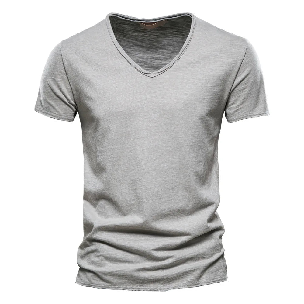 S-5XL 100% Cotton Men's T-Shirts Fashion Design V-neck Casual Slim Fit Basic Solid Summer T Shirt For Men-F037
