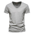 S-5XL 100% Cotton Men's T-Shirts Fashion Design V-neck Casual Slim Fit Basic Solid Summer T Shirt For Men-F037