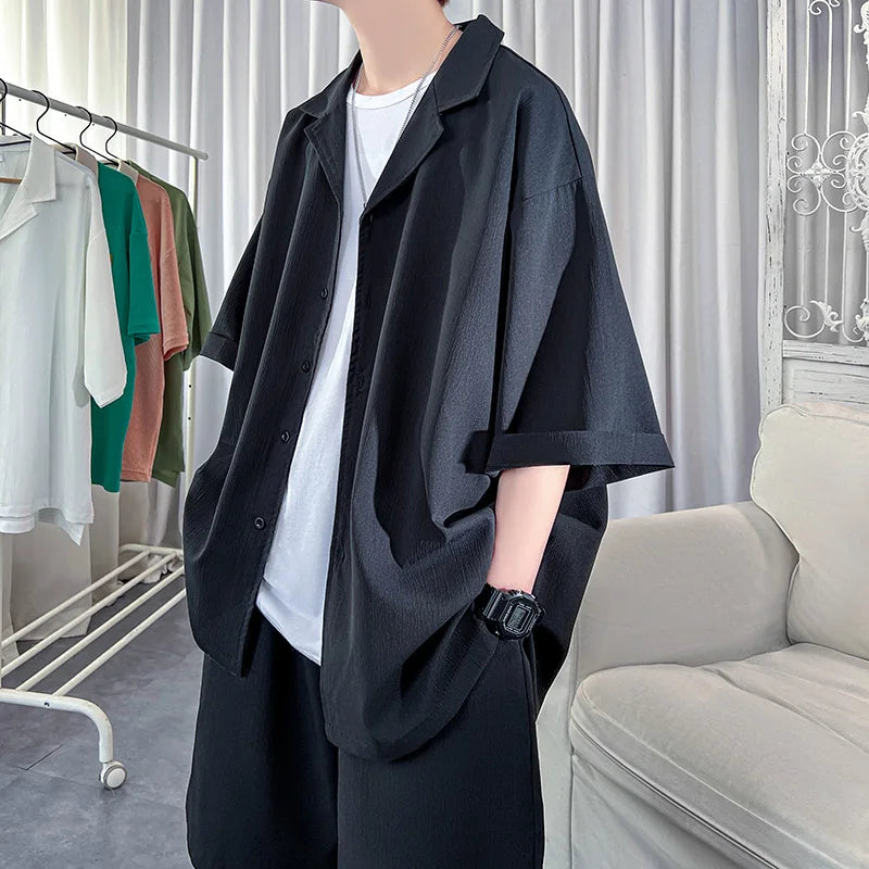 Korean Style Men's Set Shirt+Shorts Solid Short Sleeve Top Matching Bottoms Summer Fashion Oversized Clothing Men