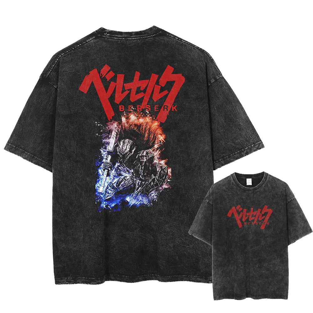 Anime Berserk Guts Printed Washed T-shirt Men Manga Street Tshirts Washed Cotton Harajuku Male Vintage Gothic Tops T Shirt