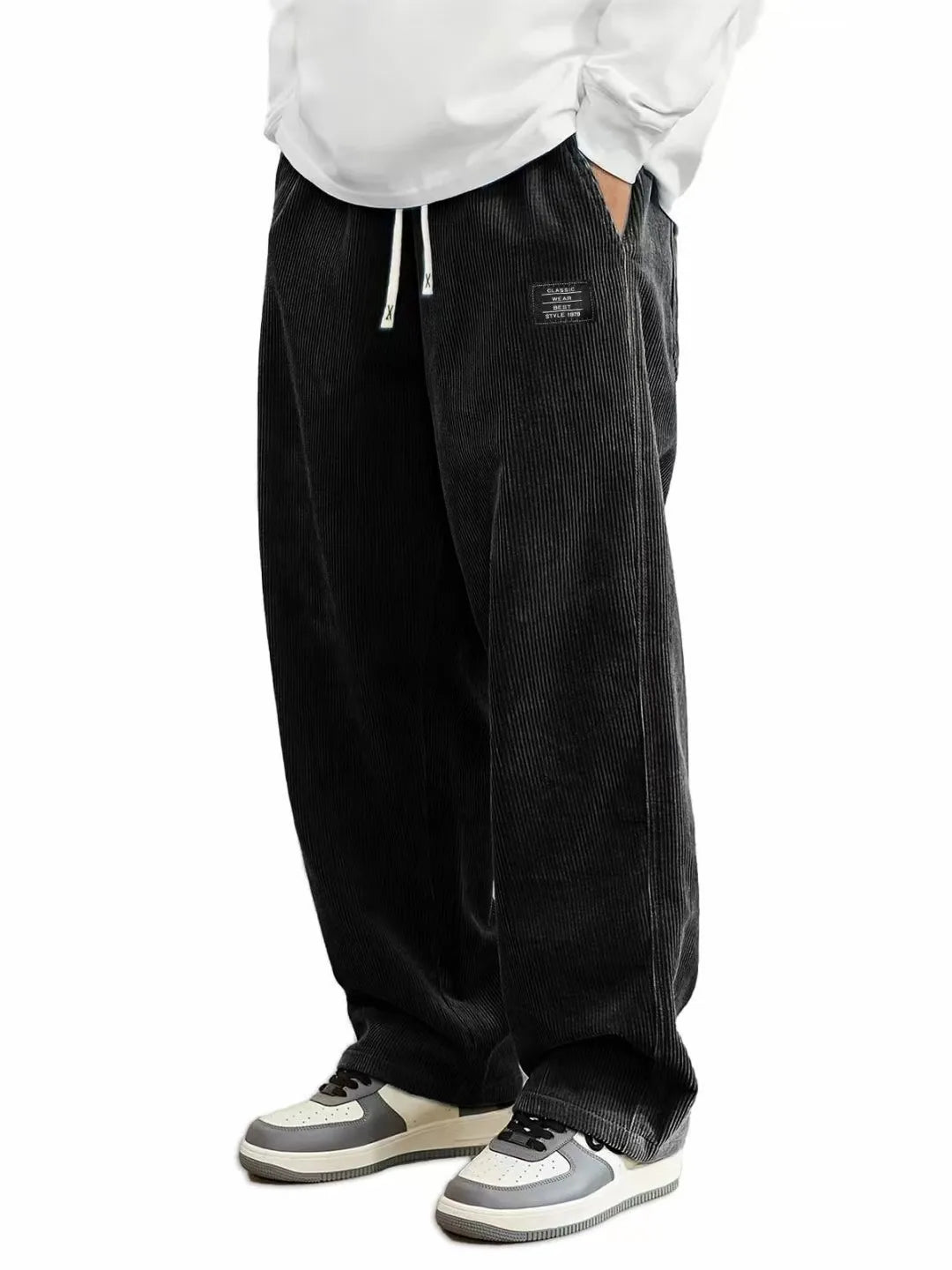 Men'S Corduroy Straight Leg Pants with Drawstring Waist,  Pockets, and Logo Design - Stretchy, Casual Fit for Everyday Wear
