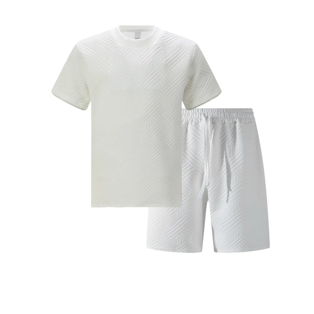 2026 Men's Summer Beige Geometric Textured 2 Piece Set Crew Neck Short Sleeve T-Shirt & Drawstring Shorts Tracksuit