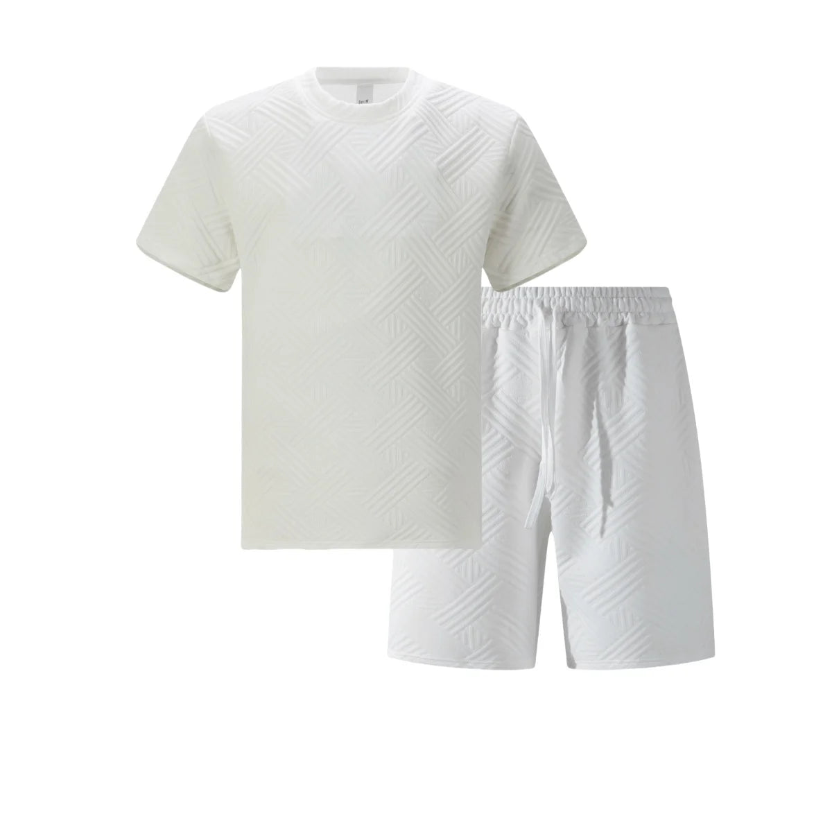 2026 Men's Summer Beige Geometric Textured 2 Piece Set Crew Neck Short Sleeve T-Shirt & Drawstring Shorts Tracksuit
