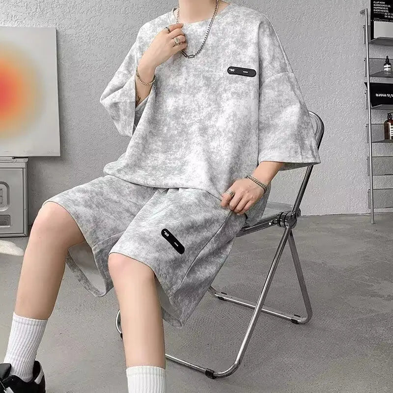 Asian Size M-8XlTie Dye Ice Silk Two-piece Set Men Polyester Short Sleeve Shorts Suit Slim Fit High Quality Basic Outfits Summe