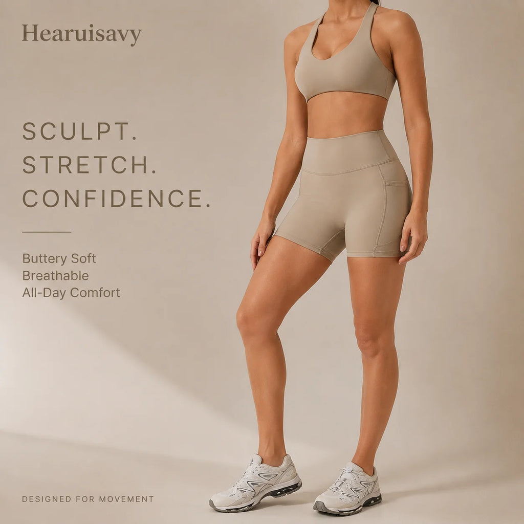 Hearuisavy Fitness Set 2Pcs Women Gym Sports Bra Running Sports Shorts With Pockets High Impact Breathable Racerback Yoga Tops