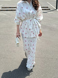 Women Two Piece Sets Skirt Set Floral Print Lantern Sleeve Turn Down Collar Shirt Long Skirts A Line Lace Up Y2k Elegant Work