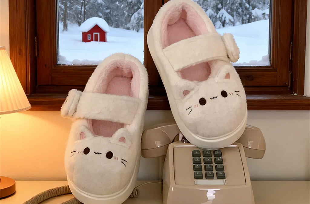 New fuzzy house slippers woman sweet furry cat designer mary janes shoes for women thick sole home slipper floor shoes bedroom