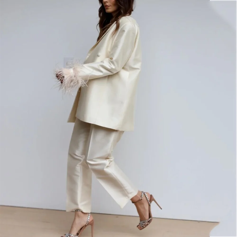Luxury Feather Women's Suit Classic Design Double Breasted Ankle Length Elegant Outfit Two Pieces Formal Party Female Set