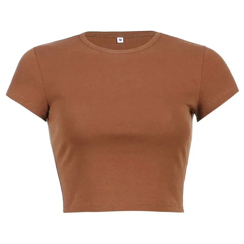 Summer Casual Short Sleeve Basic O Neck Solid Color Cropped Navel Women Crop Tops Soft Bodycon Fashion Tees Blouse