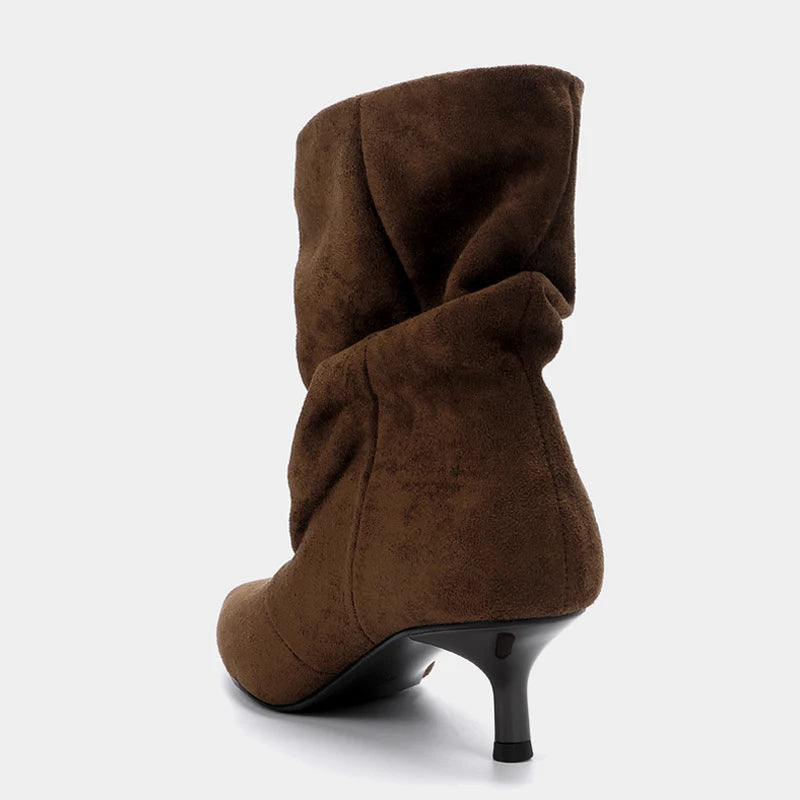 Liyke Winter Pleated Suede Women Shoes Pointed Toe Low Thin Heels Female Brown Retro Elegant Designer Ankle Boots Bottes Femme