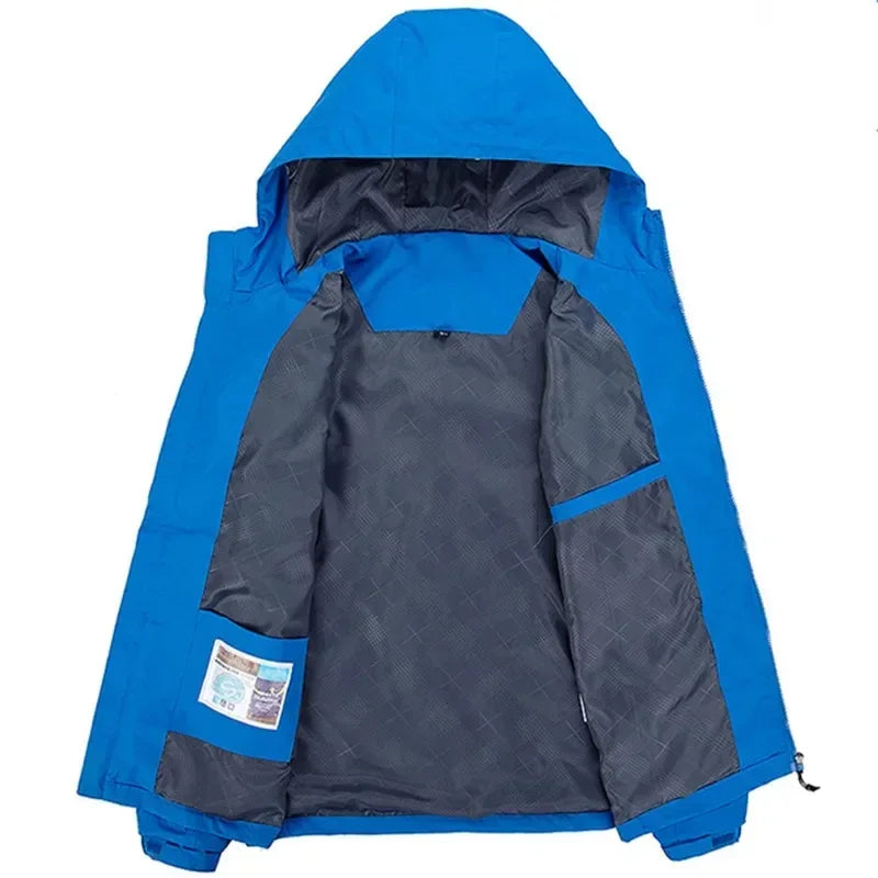 Men's hooded waterproof jacket, camping, outdoor, mountain climbing, windproof, lightweight, long-sleeved outdoor jacket. Suitab